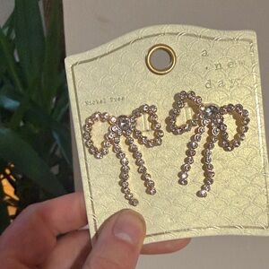 Rhinestone Bow Drop Earrings - Gold Tone